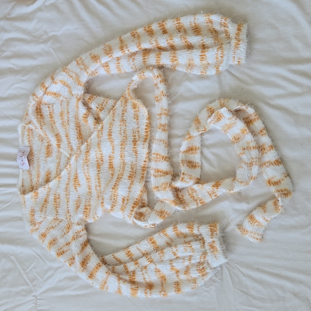 Crop wrap sweater eyelash medium orange white ha ha